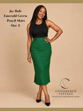 VTG Jac Dale Emerald Green Midi Pencil Skirt Made in Canada Size 26” waist